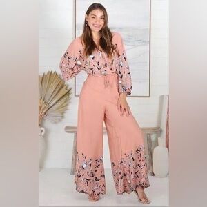 Anthropologie Jaase Floral Dandelion Wide Leg Jumpsuit Peach Blue Size XL Women